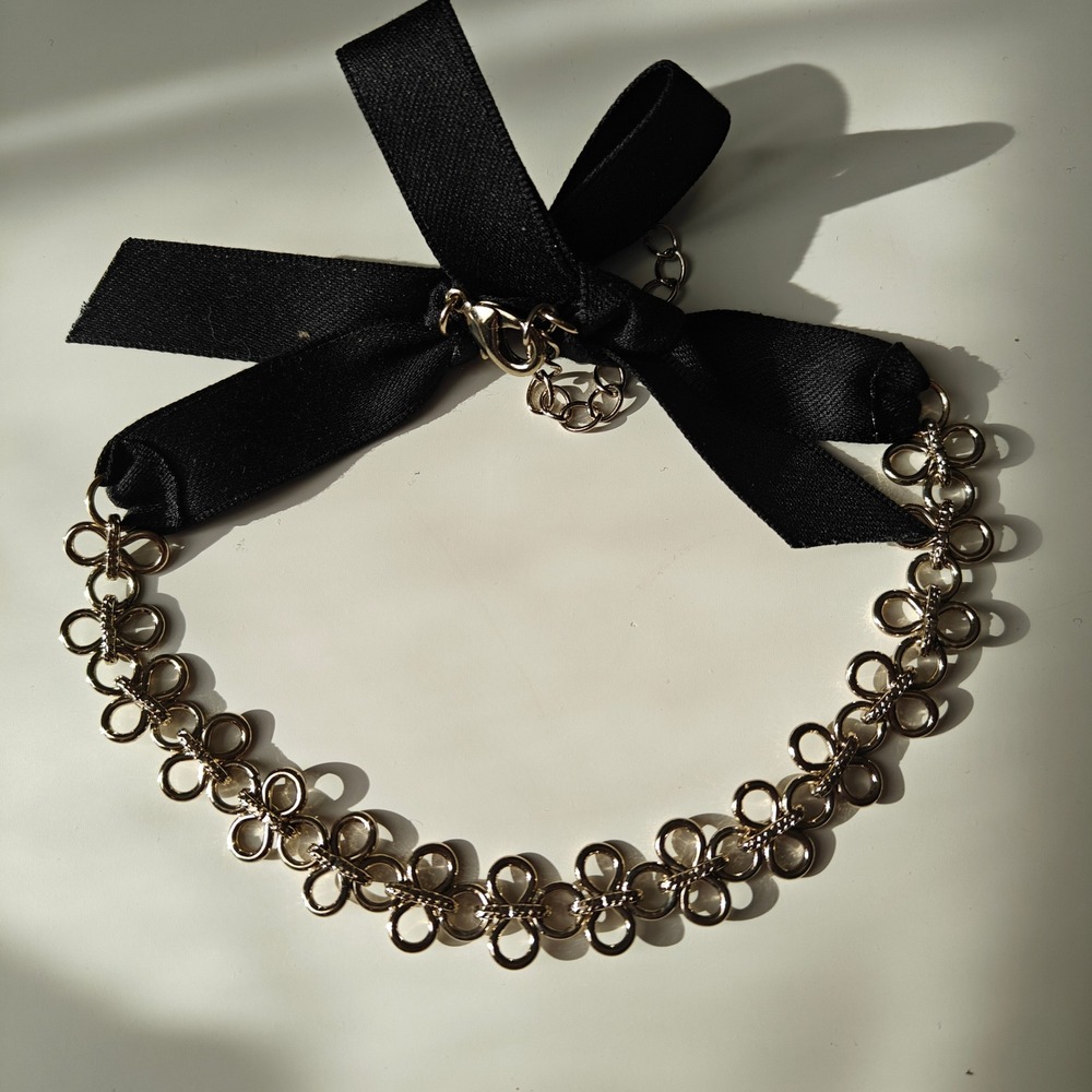Silver Tone Floral Link Choker Necklace Black Grosgrain Ribbon Bow Whimsigoth